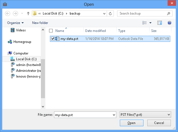 select MS Outlook version file