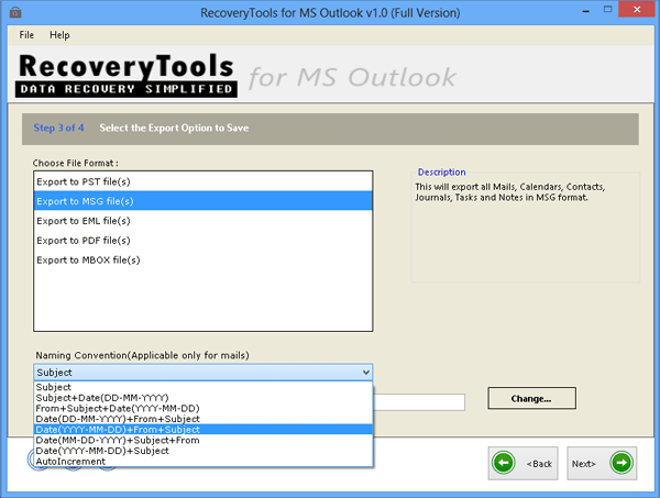 naming convention feature of Outook recovery tool