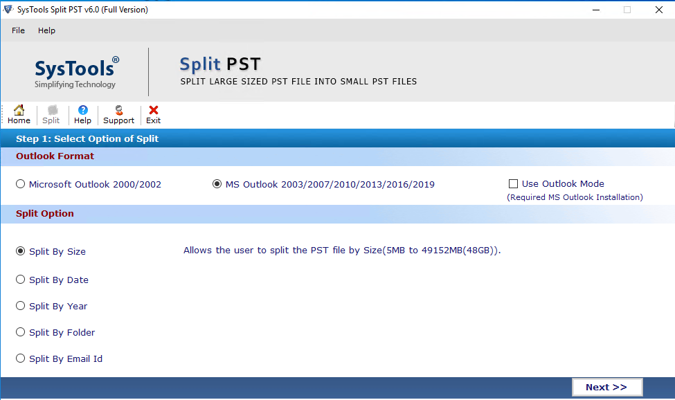 split pst file by year, size, date, folder, email id