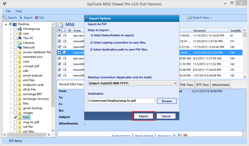 select export option