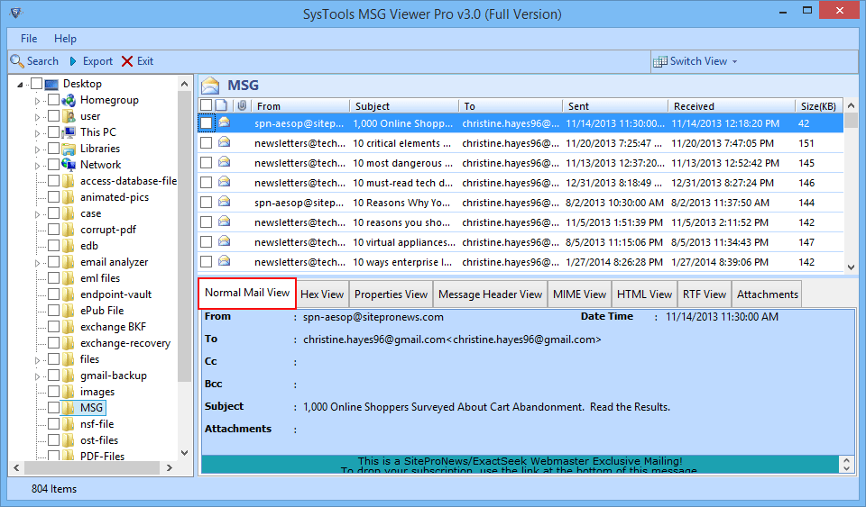 browse the pst file to view data