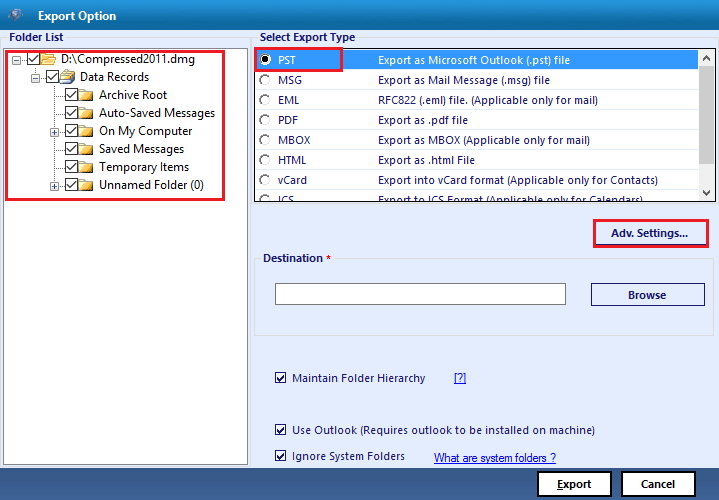  select option to export OLK File to PST 