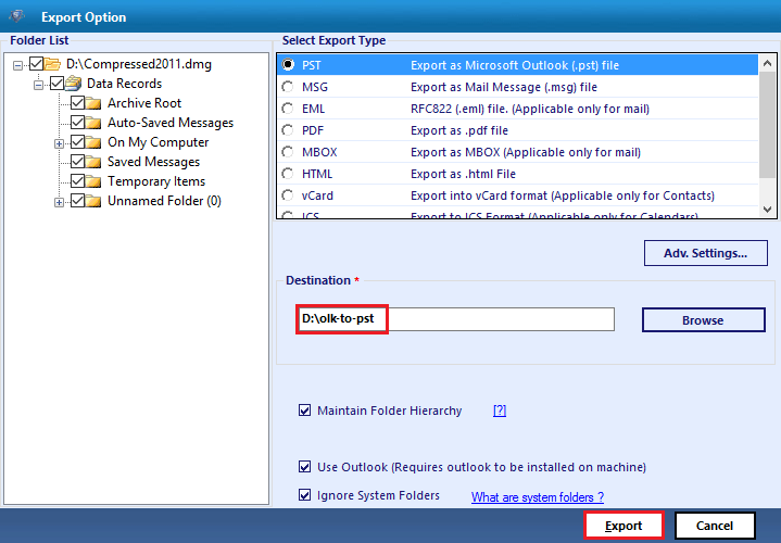  select option to export OLK File to PST 