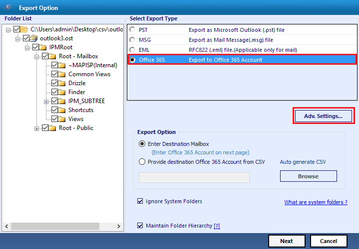 select export option