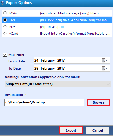 select different export option