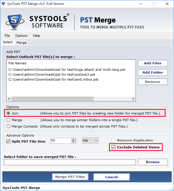 choose option to join, merge PST file 