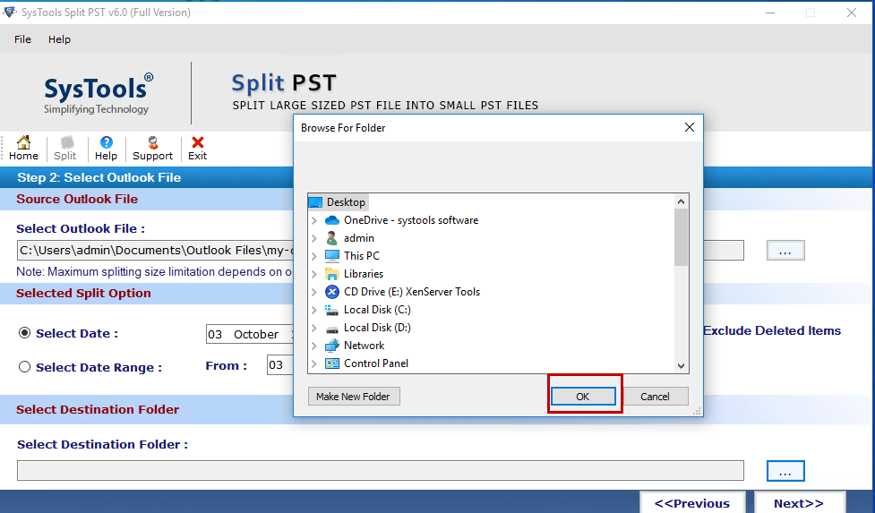 browse location to save splitted pst file