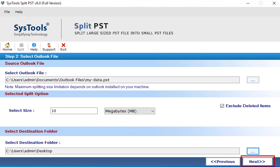 start process to divide split pst file