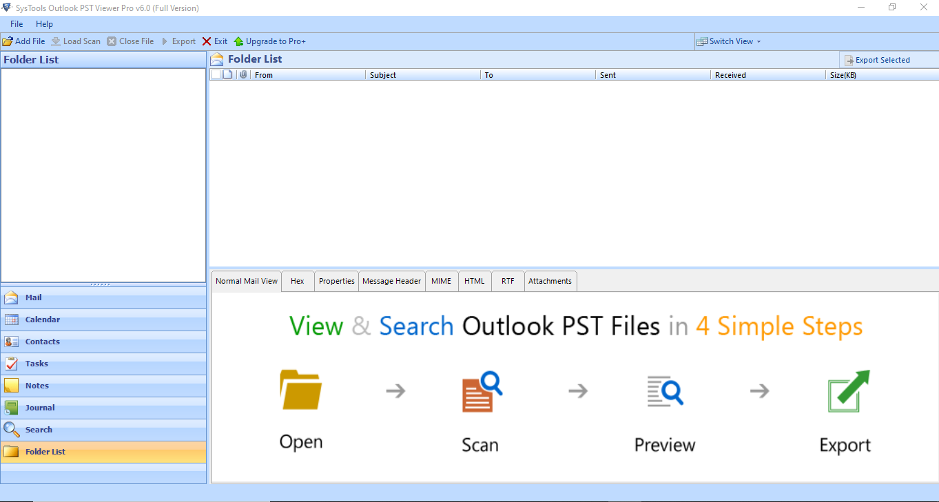 interface of pst file viewer tool