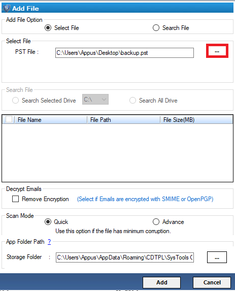 browse the pst file to view data